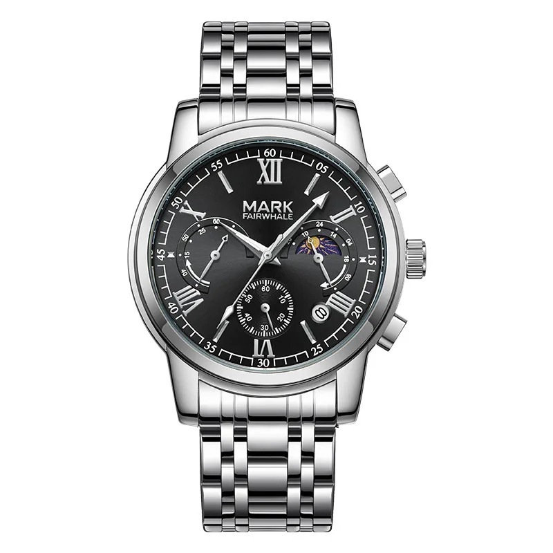 Round New Quartz Watch Three Eye Six Hand Multifunction Steel Band Butterfly Clasp Waterproof for Men Wristwatch