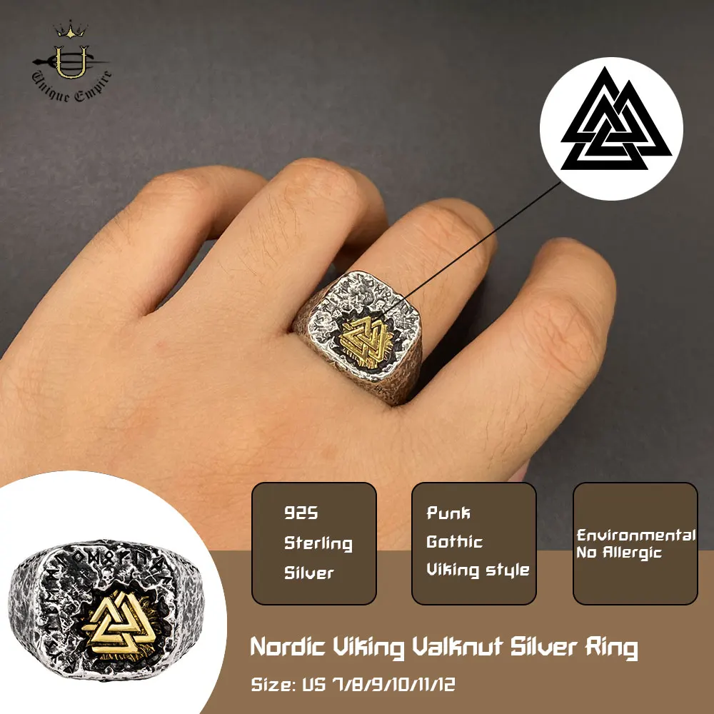 

925 Silver Nordic Viking Valknut Rune Ring Inlaid Copper Retro Punk Male Tail Ring Fashion Jewelry