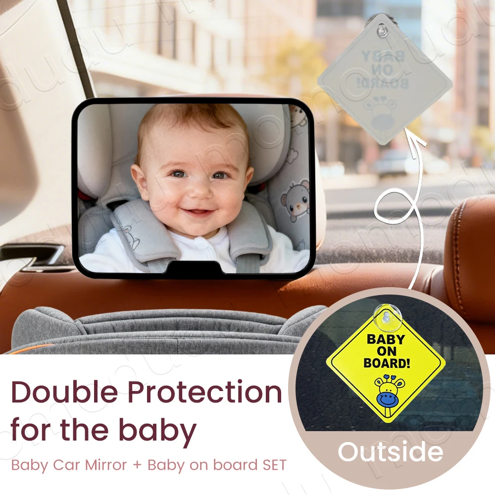 360° Rotatable Baby Car Mirror & Baby on Board Sign Set, Rear Facing Safety View Mirror + Suction Cup Warning Sticker