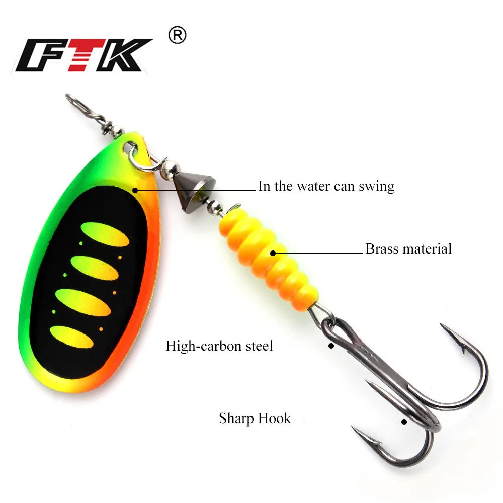 FTK Rotating Spinner Fishing Lure Spoon Sequins Metal Hard Bait Treble Hooks Wobblers Bass Tackle 8.5g 12.5g 14.7g