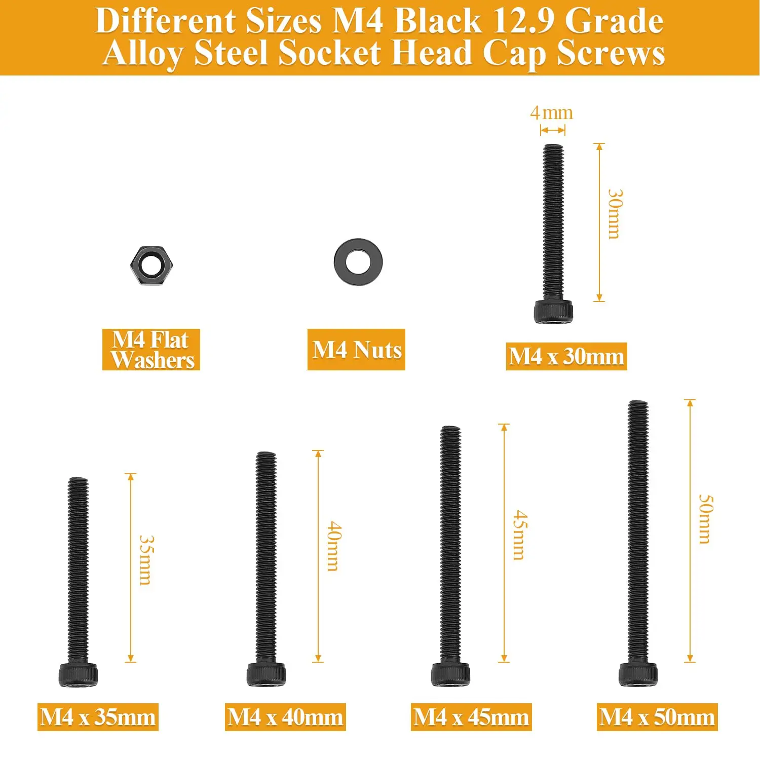 185 sets of M4 x 30/35/40/45/50 mm hexagonal head screws, nuts and washers, black color, 12.9 grade alloy steel, full thread