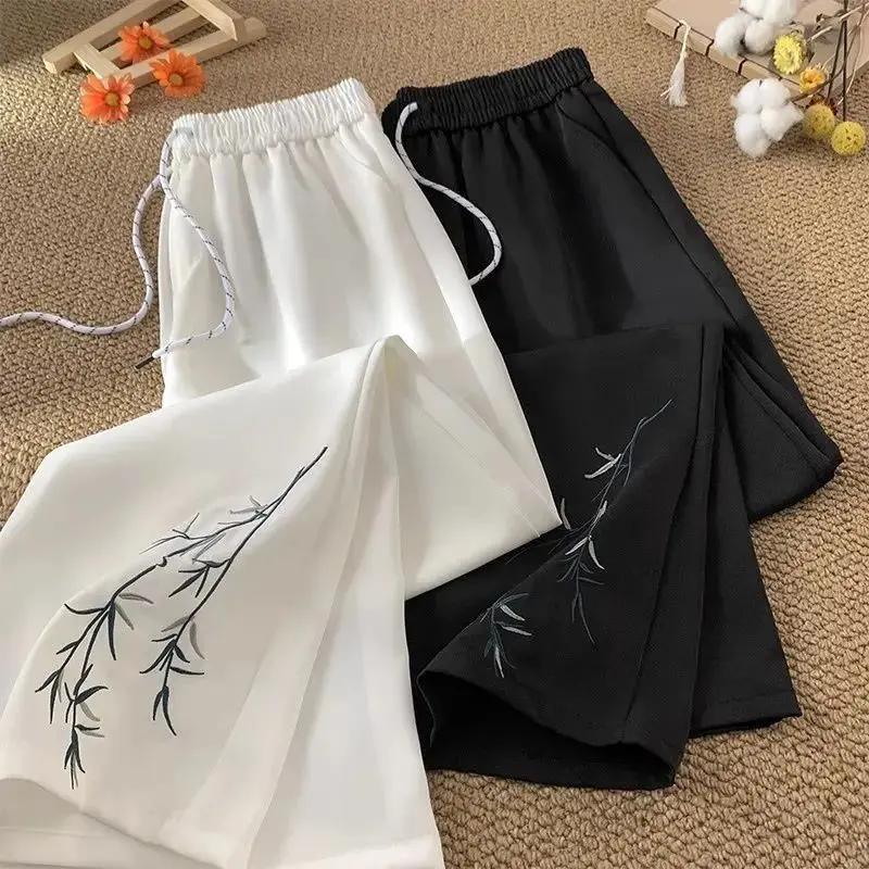 

Spring Summer New Fashion Chinese Style Embroidery Thin Wide Leg Pants Women Casual Loose Elastic Waist Vintage Straight Trouser