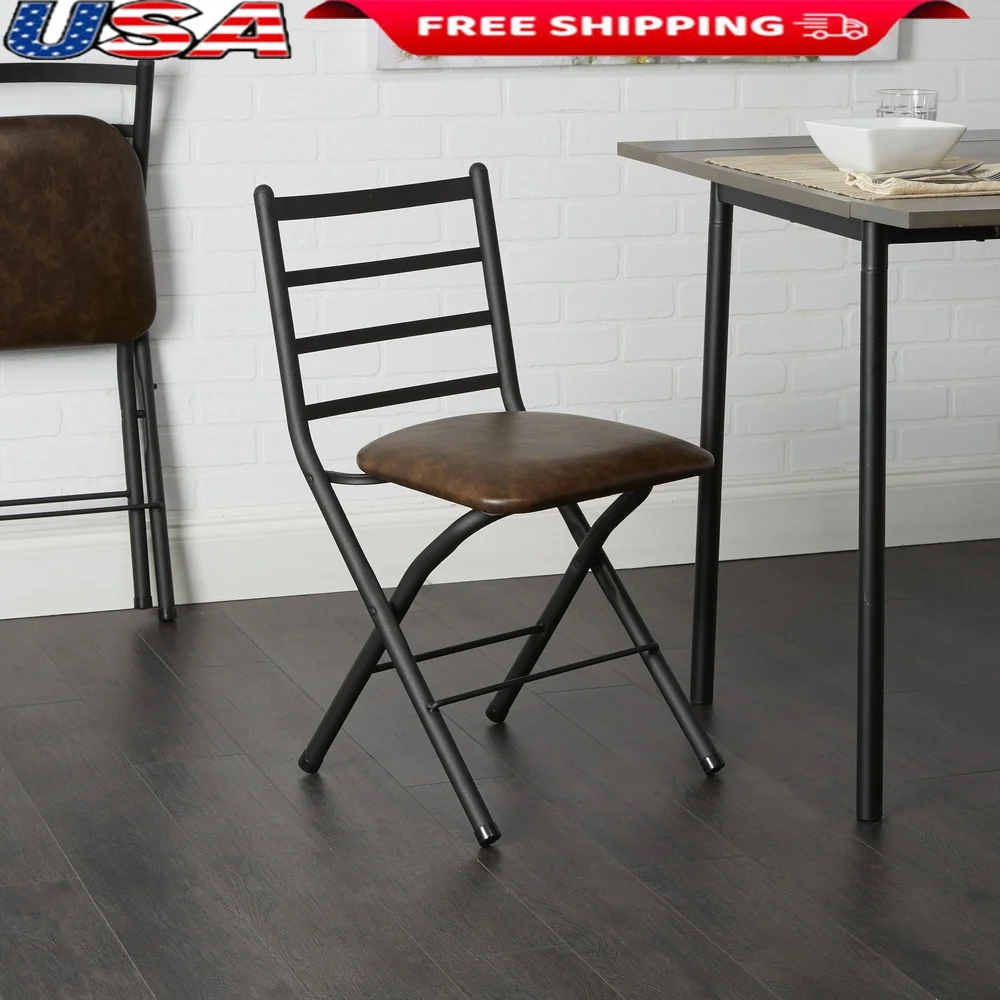 

Indoor Folding Slat Chair with Vegan Leather Seat Black Metal Frame Easy Storage Lightweight Design Dining Office Craft Rooms