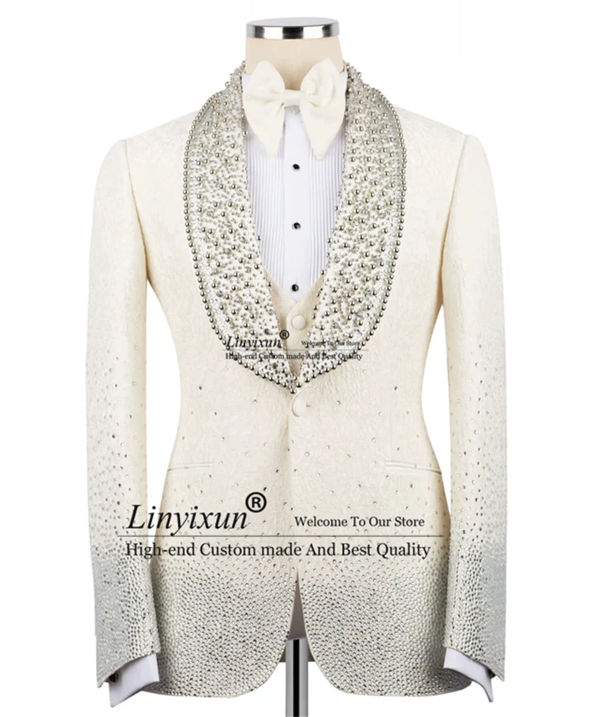 

Fashion Jacquard Men Suits 3 Pieces Sets Groom Tuxedos Sparkly Diamond Crystal Wedding Ropa Blazer Customized Slim Costume Homme