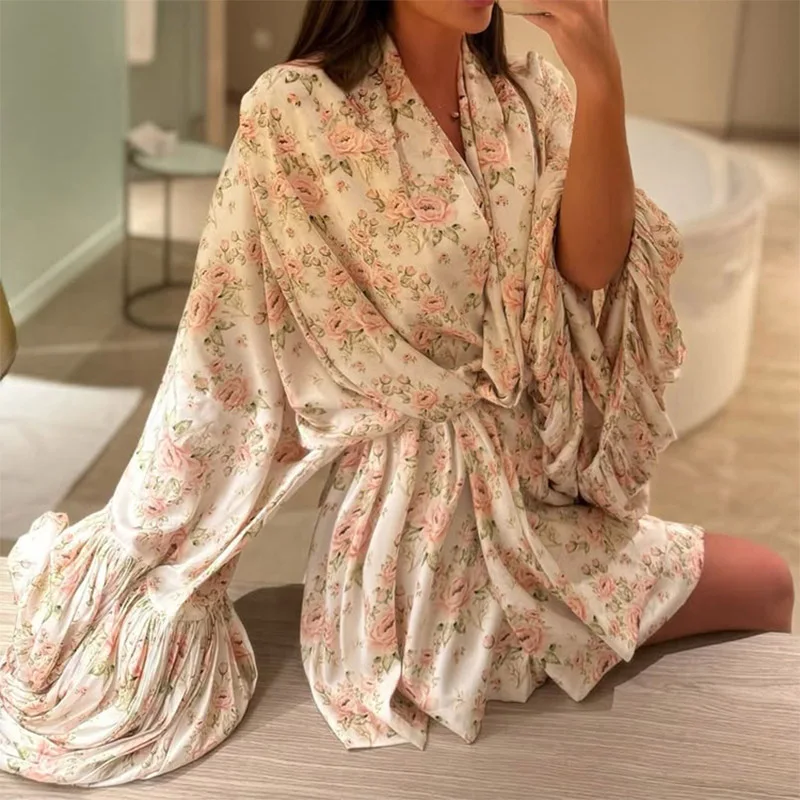 ALPHALMODA 2025 Nouveau, grandes manches bouffantes, imprimé floral, femmes, mode, robe en satin, style ouvert, ceinturé, décontracté, robe courte