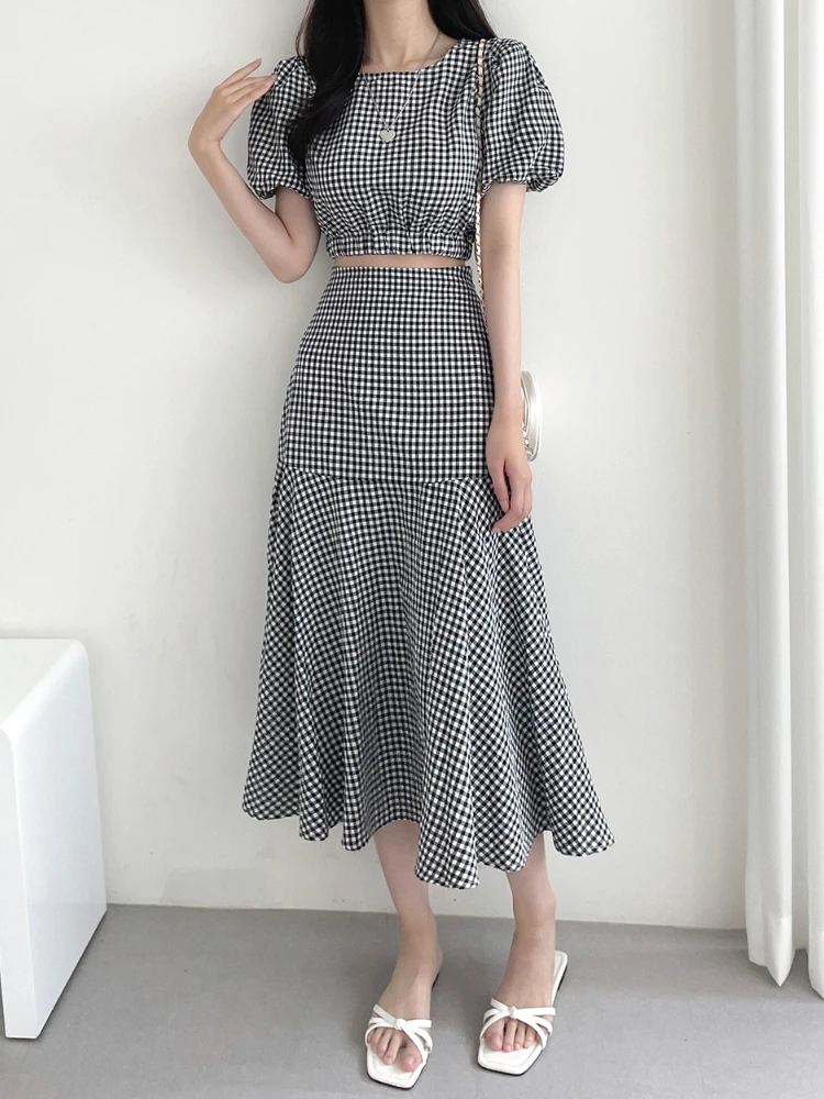 

Korean Style Print Plaid Two Piece a Line Long Skirt Set Women Summer Crop Top and High Waist Skirt 2 Piece Sets Womens Outfits