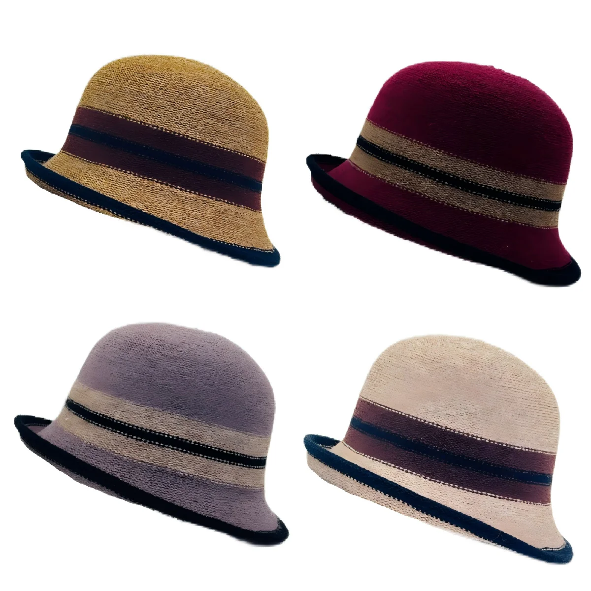 

Fall Winter Elegant Fedoras Bucket Hats for Women Mum Striped Soft Wool Foldable Travel Party Panama Fisherman Hat Mother Gift