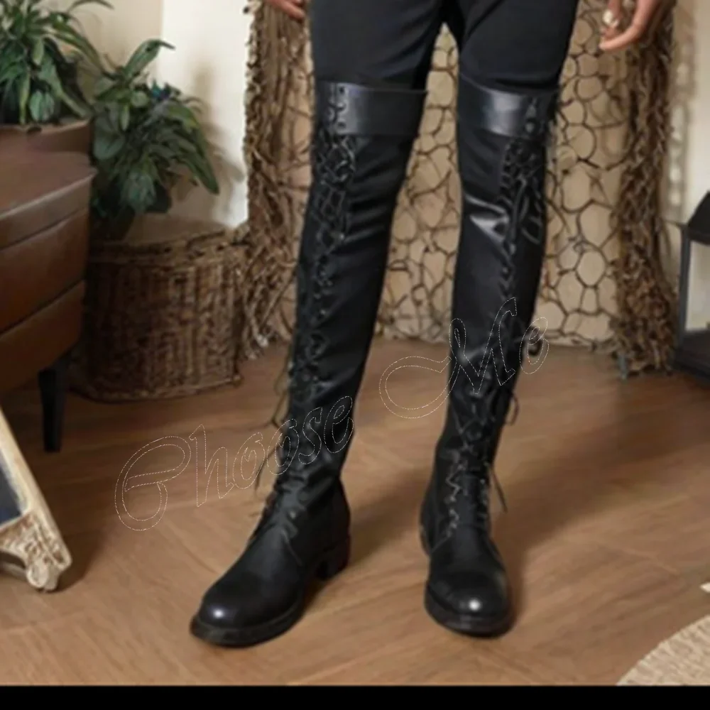 Black Front Cross Tied Knight\'s Boots Men\'s Shoes Long Matte Leather Round Toe Knee High Shoes for Men Zapatos Para Hombres