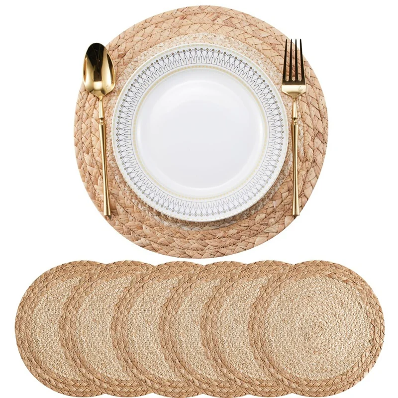 Boho Tischs ets Set aus 6 hand gefertigten gewebten Tischset Wasser Hyazinthen matten, rundes Tischset für Esstisch Küche 13 Zoll