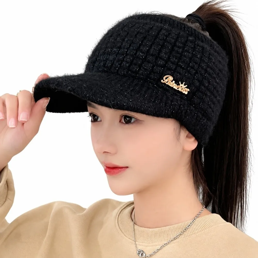 Practical Faux Rabbit Fur Knitted Hat Warm Fleece Windproof Ponytail Hat Visor Brim Earflaps Design Earflaps Hat For Women Golf