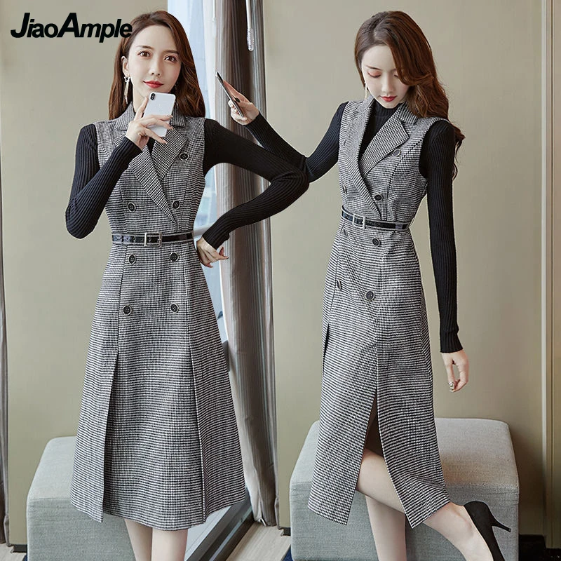 2022 Autumn Winter Women's Clothing Lady Korean Graceful Sweater Sleeveless Dress Two Piece Set Fashion Slim Plaid Tweed Dresses