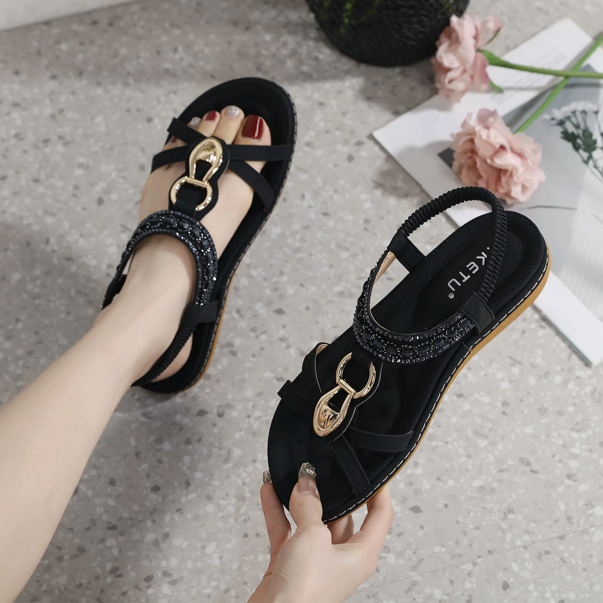 Big Size 45 Summer Sandals Rhinestone Design Shoes Elastic Band Wedges Sexy Women Beach Shoes SIKETU Brand Designer Sandals