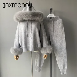 Jaxmonoy Set maglione da donna con vera pelliccia di volpe misto lana maniche lunghe maglia calda top e pantaloni donna autunno moda cappotti con cappuccio