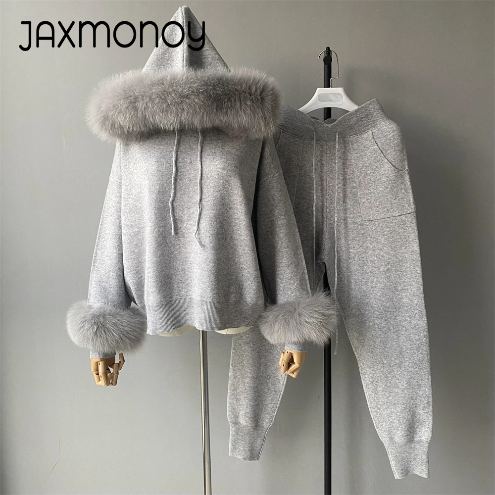 Jaxmonoy Women's Sweater Set with Real Fox Fur Wool Blend Full Sleeves Warm Knit Tops and Pants Ladies Fall Fashion Hooded Coats