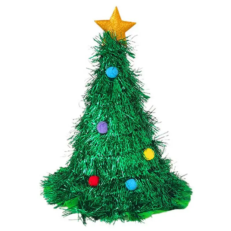 Christmas Tree Hats Fabric Rain Silk Hat for Adults Kids Funny Santa Hat with Tinsel Xmas Holiday Party Costume New Year Decor