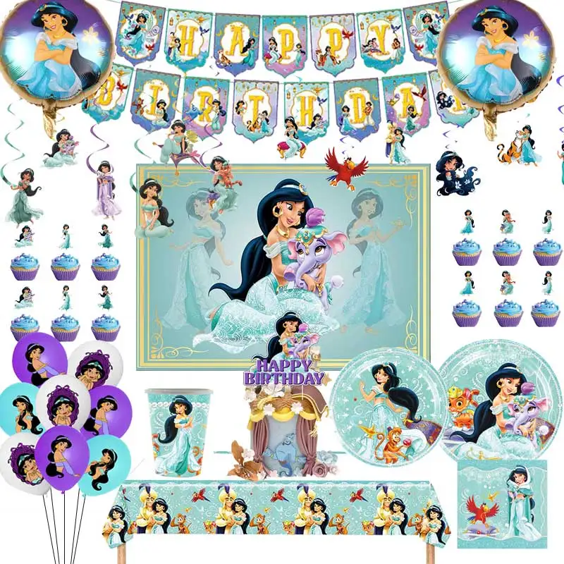 Princess Jasmine Ballon Boy Birthday Party Supplies Disposable Tableware Banner Cup Home Decor Baby Shower Cake Topper  Backdrop