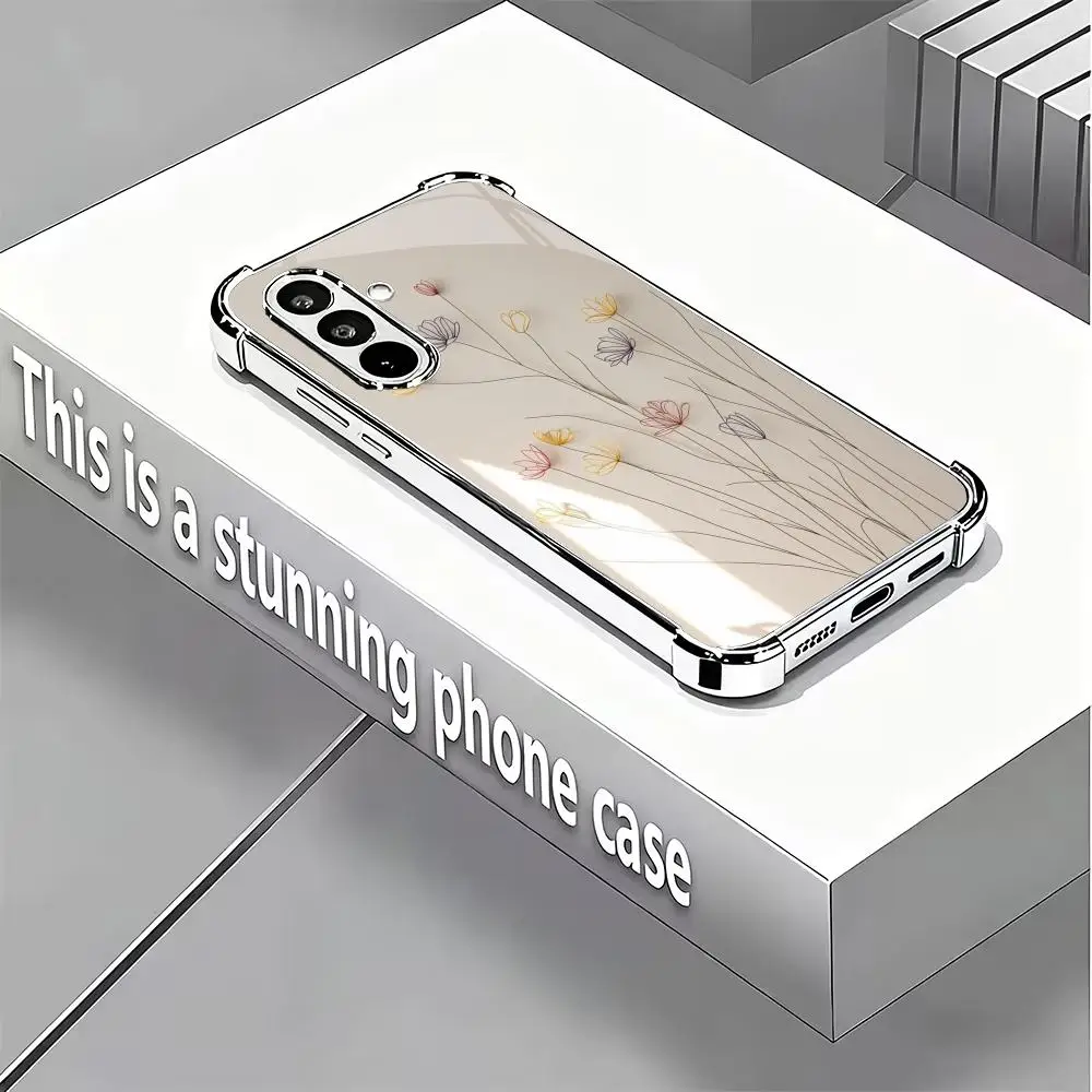 White flower silver plated glass phone case suitable for Samsung Galaxy S26 S25 S24 S23 S22 S21 S20 FE/Ultra/Plus anti drop