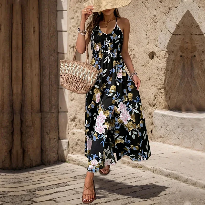 Conciso mujeres verano Casual Boho vestido veraniego Spaghetti Strap espalda descubierta frente dividido hueco cuello en V con cordones vestidos Midi fluidos moda