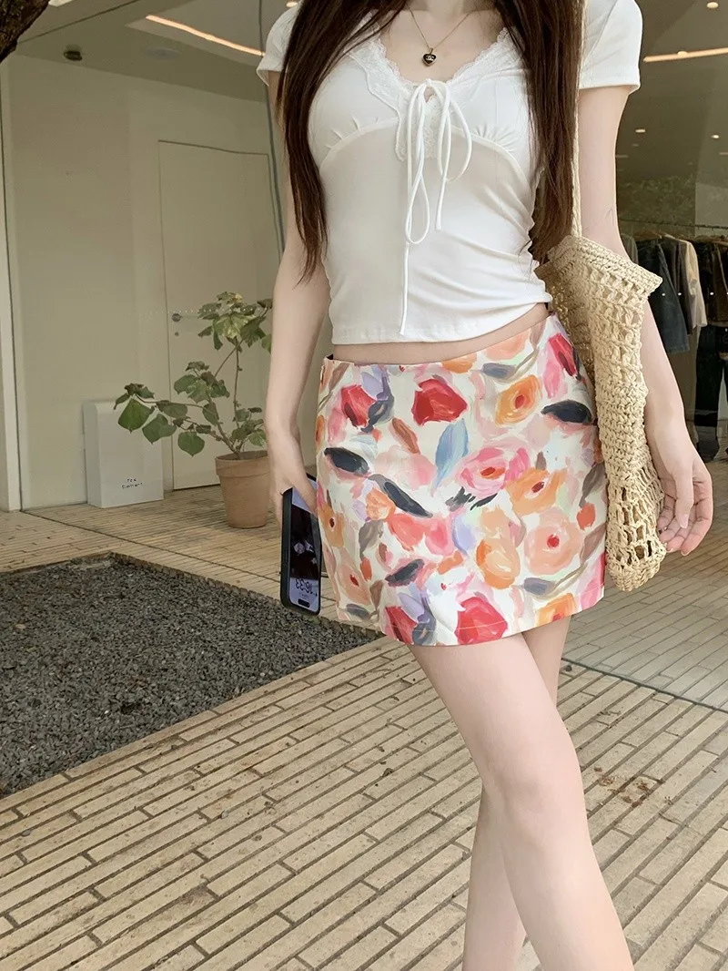 

Elegant Silk Print High Waist Skirt Women's Summer Slimming A-Line Skirt Short Skirt Commute Korean Style Anti-Static
