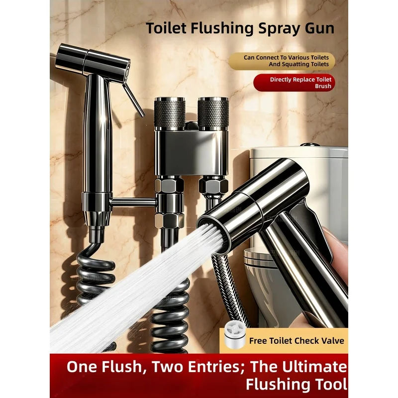Toilet flush spray gun attachment, one‑in‑two‑out angle valve, for home bathrooms—high‑pressure, boosted faucet sprayer for t...