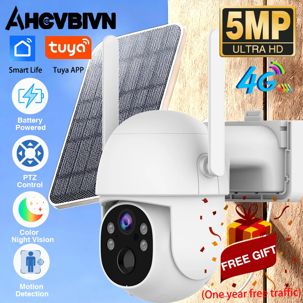 

5MP Surveillance Smart Security Camera 4G SIM Card Lifetime Data Solar PTZ 2-Way Audio PIR Detection Camera Tuya Smart life Home