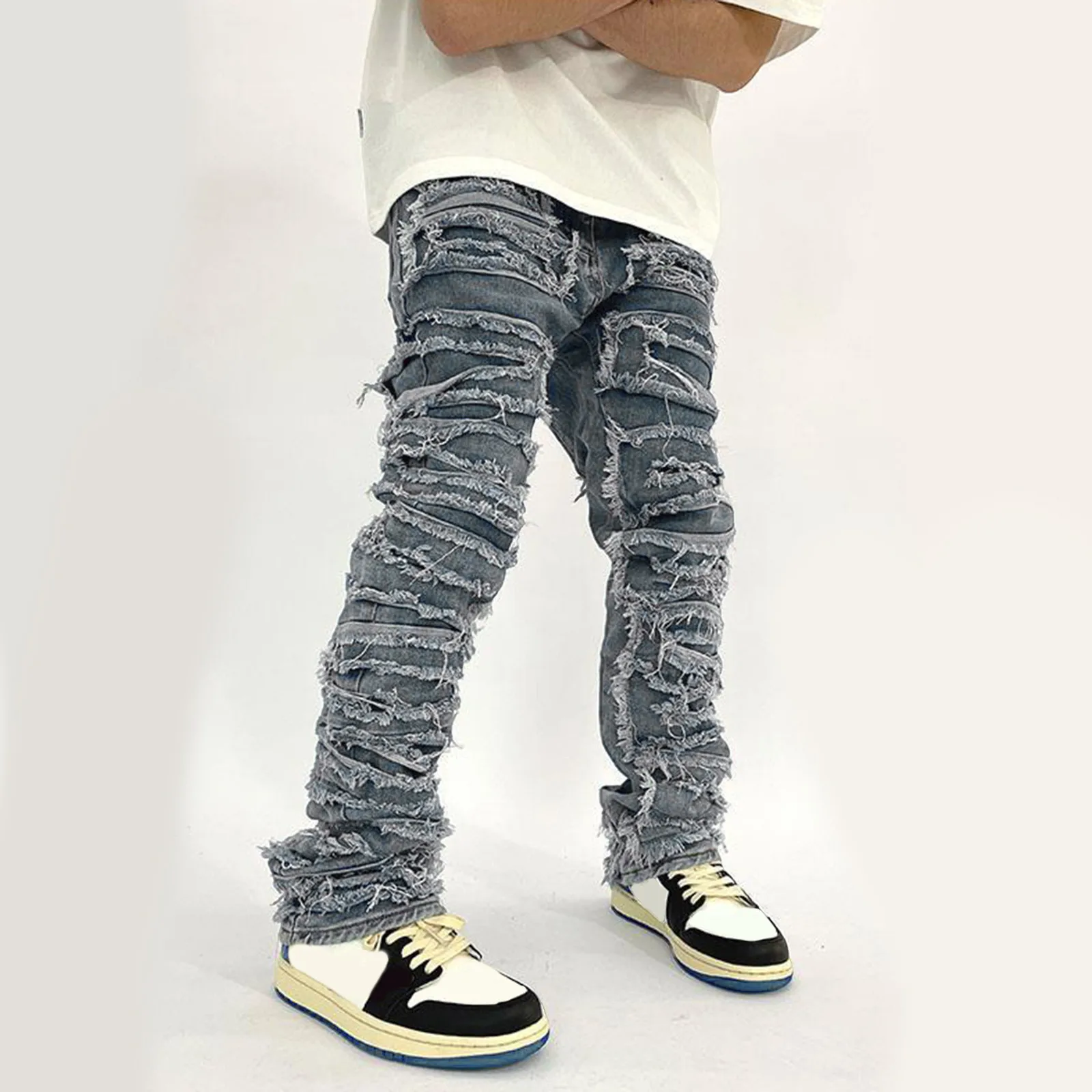 

Baggy Ripped Distressed Stacked Jeans for Men New Design Straight Washed Hip Hop Denim Trousers Retro Jean Pants Streetwear