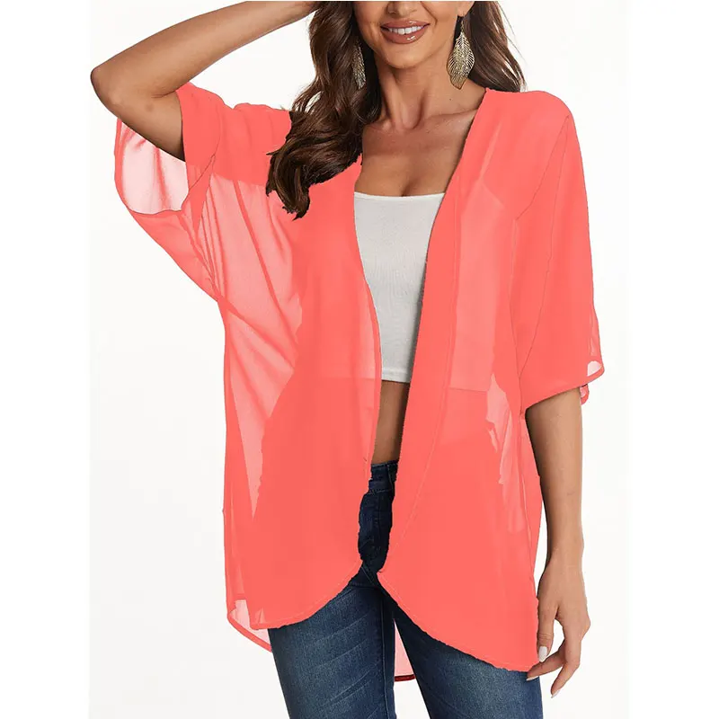 المرأة حجم كبير طباعة الأزهار خفيفة الوزن الشيفون كيمونو سترة قصيرة الأكمام فضفاضة ملابس الشاطئ التستر بلوزة لون نقي