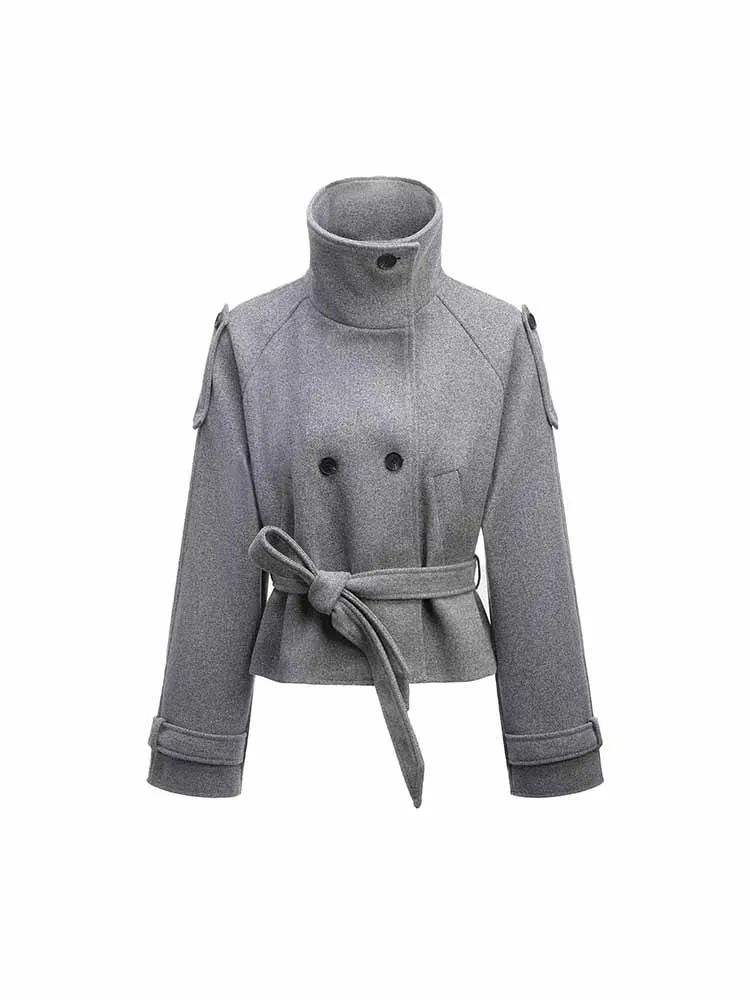 HH 女性冬のファッションハイカラー長袖ダブルブレストベルトショートコートジャケット女性カジュアル多用途通勤ジャケット