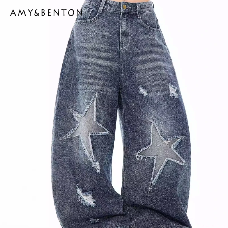 

American Retro Design Y2k Sweet Cool Star-printed Jeans 2026 Spring Autumn New Loose Slimming Versatile Wide-leg Pants Ladies