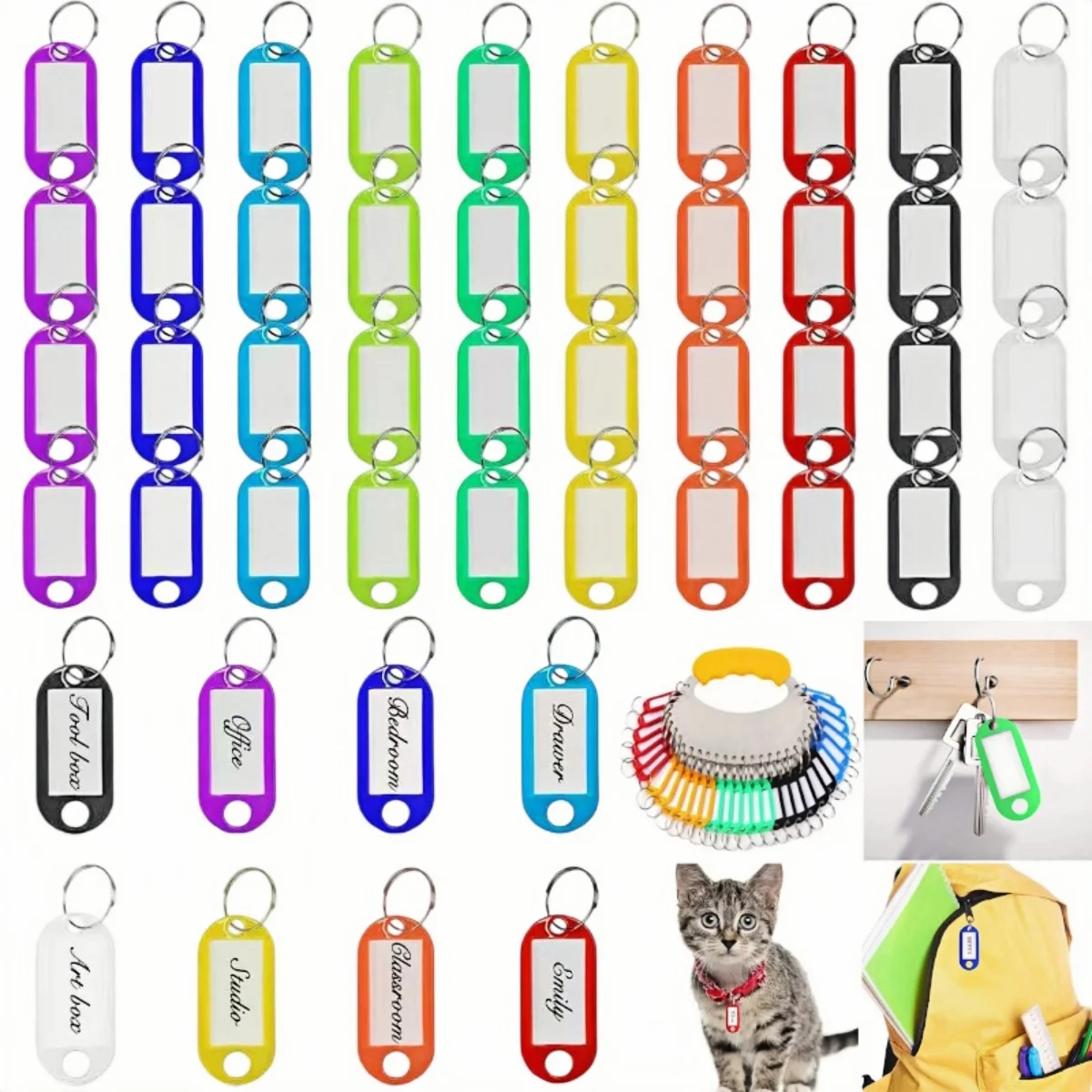 50 PCS  KeyChain Labelable Plastic DIY Name Ring for Baggage Paper Labeling to Key Suitcases Pets Tag Accessories Multi-Color