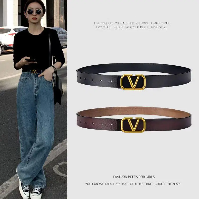 حزام نسائي، بسيط ومتعدد الاستخدامات، جينز عصري على الطراز الكوري، حزام مزخرف، حزام جلد أسود، حزام سروال نسائي