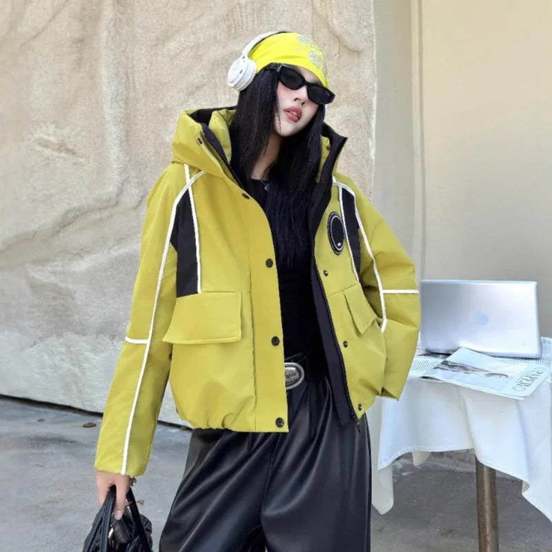 

Зимний лоскутный теплый пуховик с капюшоном, женский белый утиный пух, толстая молния, парка, верхняя одежда, женская свободная короткая куртка с большим карманом