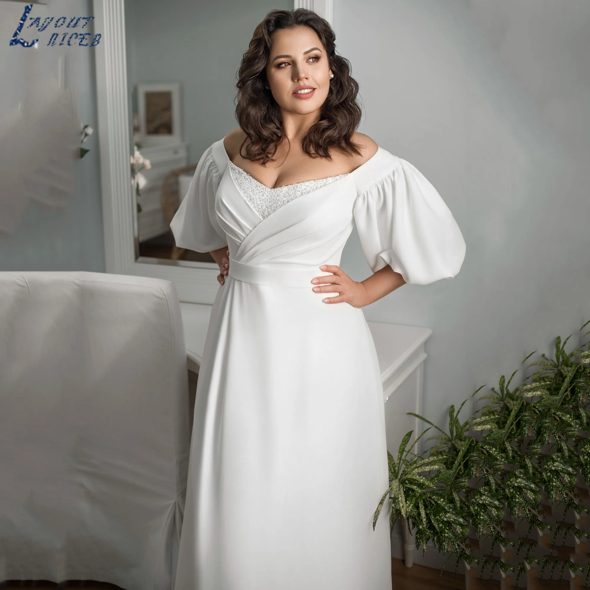 

LAYOUT NICEB Plus Size Wedding Dress A-Line V-Neck Short Puff Sleeve Bride Gown Satin Beaded Elegant vestido de novia Customized