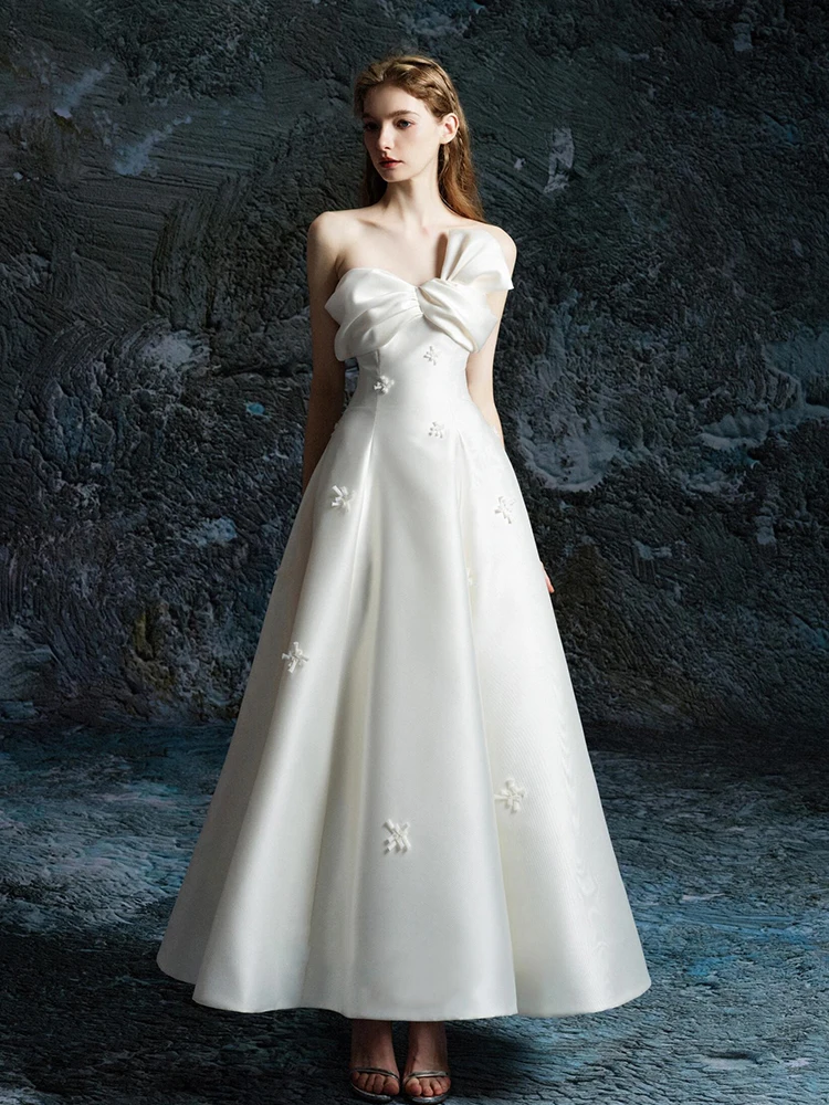 

Легкое атласное свадебное платье без бретелек, простое, в лесном стиле, для невесты, длиной в пол, белое, для помолвки, летней церемонии, свадебное платье