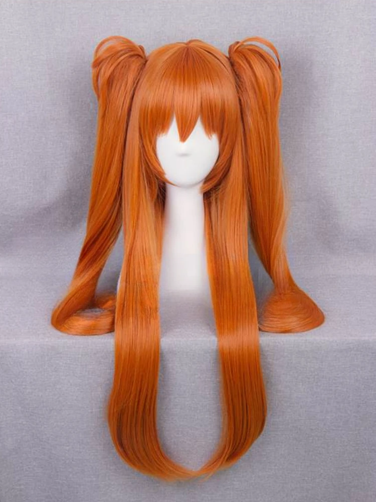 EVA Asuka Langley Soryu rambut sintetis lurus oranye panjang Wig kostum Cosplay tahan panas + 2 klip ekor kuda