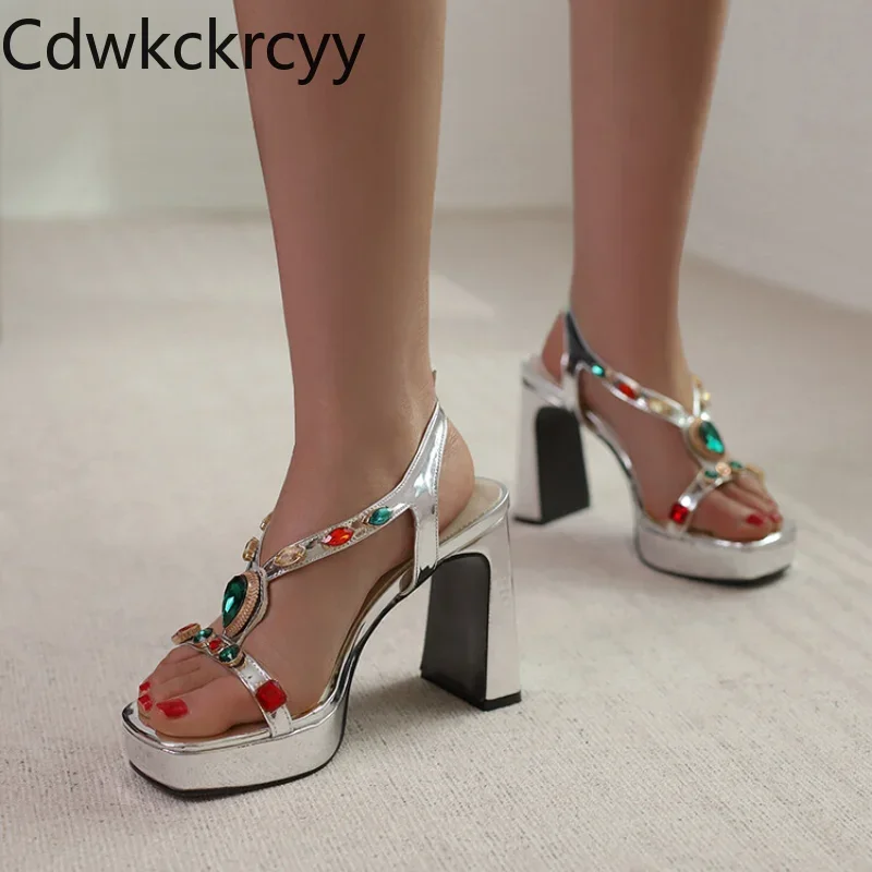 

summer New styles fashion Fish beak Exposed toe high-heeled women sandals crystal sexy party Square heel women sandals high35-46