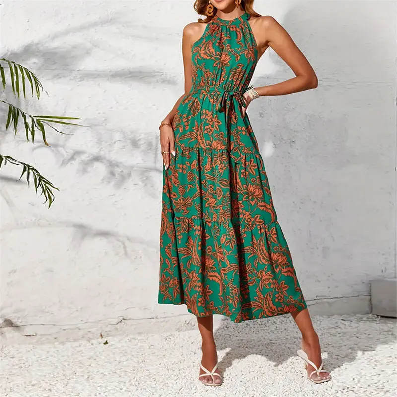 Y.KUKU Women Long Dresses Summer Sleeveless Printed Boho Vacation Holiday Halterneck Elegant Dress Maxi Dresses Femme Vestidos