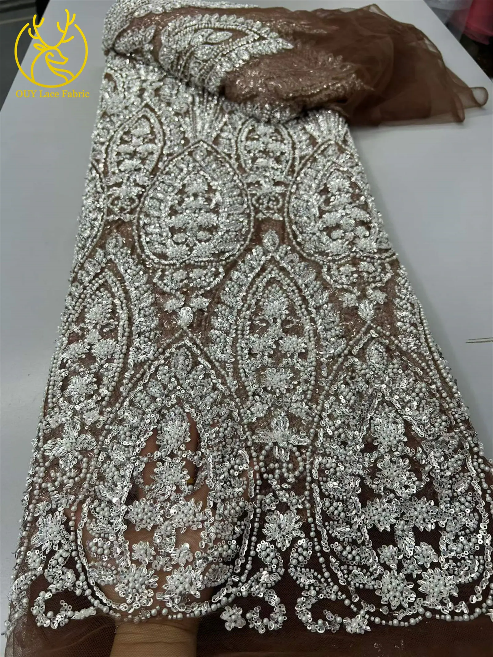Nigerianischer Exquisiter Luxuriöser Spitzenstoff 2026, 5 Yards Afrikanischer Spitzenstoff mit Französischen Pailletten und Perlen, Tüllstoff für Kleider und Näharbeiten – Detail 3