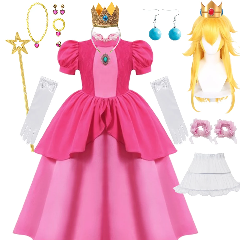 2024 Girls Peach Princess Dress Fancy Bubble Sleeve Costume Revelry Party Cosplay Outfits Clothes 2-10 Yr 2024 Costumes For Girl