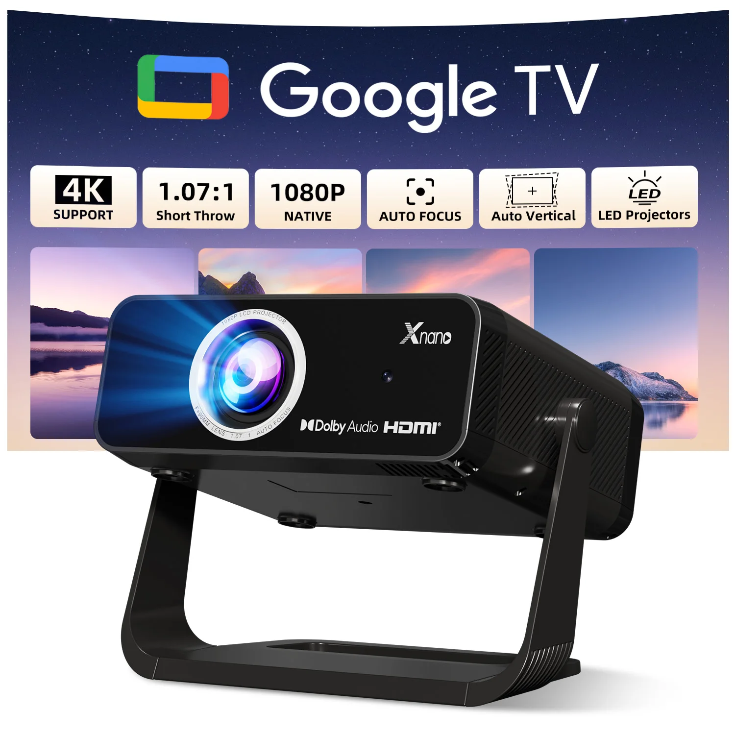 Xnano GT350 Projektor Google TV 14 Zoll Native 1080P Unterstützt 4K 400ANSI Autofokus Auto-Keystone WIFI6 BT5.X Dolby Audio Tragbarer Heimkino-Projektor