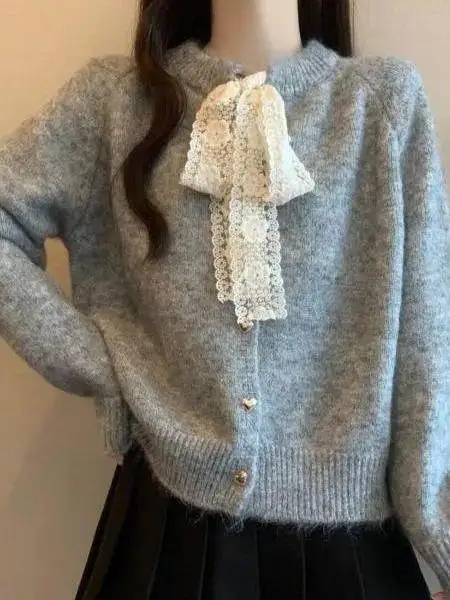 Casual Loose Lace Knitted Sweater  Knot Pure Color Autumn Winter Open Cardigan Coat Soft Polyester Long Sleeve round...