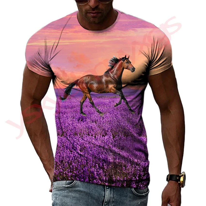 Summer  Galloping Horse Pattern Men's T-shirt Hip Hop 3D Print Personality   Neck Short Sleeve  Fashion Clothes