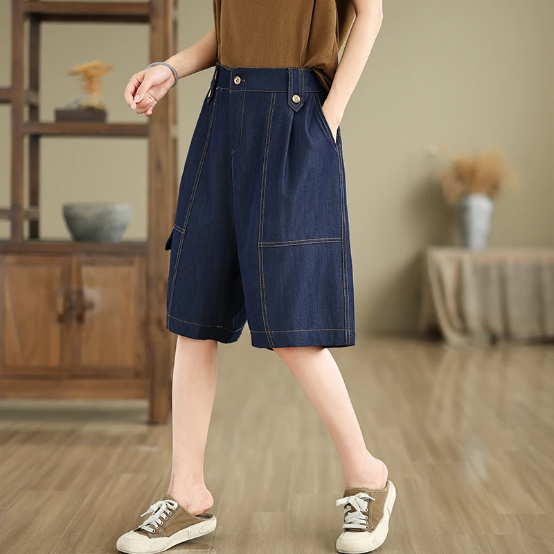 

New Women's Loose Fit Straight Leg Jeans Blue Thin Casual Shorts Summer Fashion plus Size Natural Waist Denim Shorts