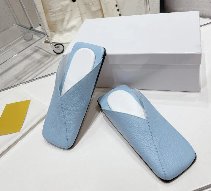 Blue White Soft Real Leather Flat Mules for Woman High Quality Luxury Designer Slip on Slides Leisure Comfortable Dress Shoe