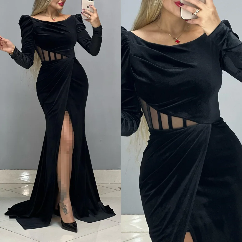 Aangepaste prachtige vierkante kraag zeemeermin avondjurk Hoge kwaliteit velours lange mouwen galajurken Luxe homecoming-jurken