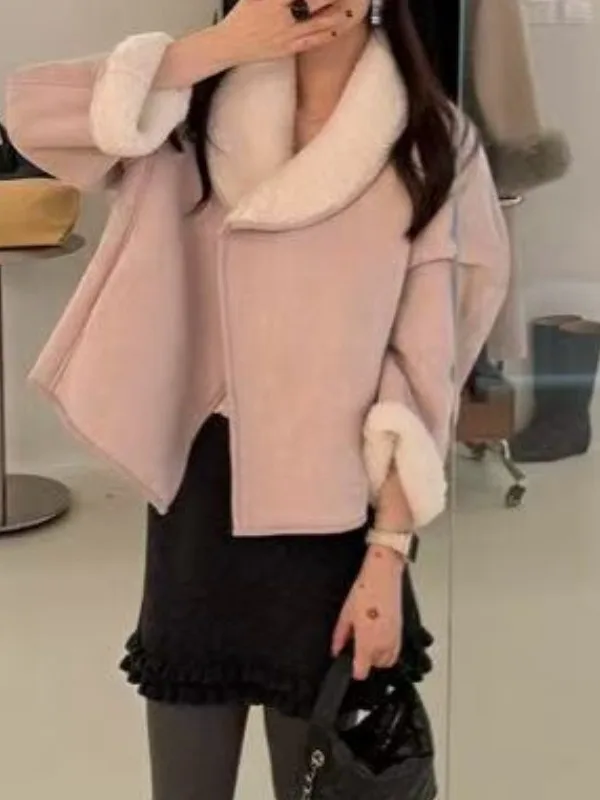 معطف فروي نسائي أنيق بتصميم كلاسيكي دافئ من الجلد والفرو وياقة كورية من ألياف البوليستر ملابس خارجية شتوية