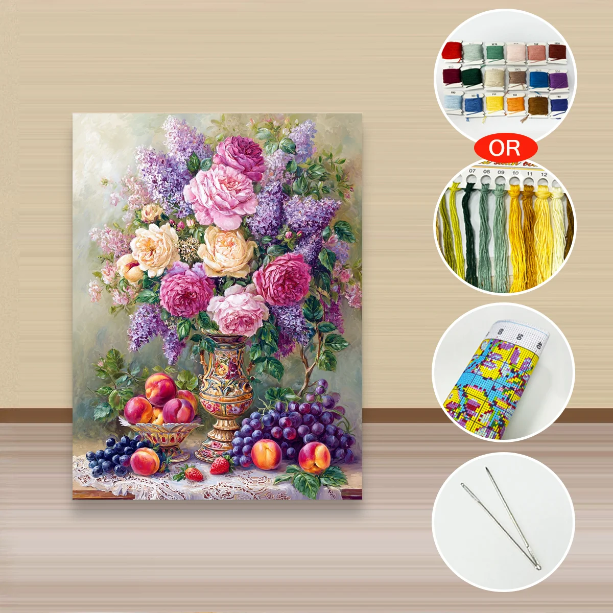 1 Stück 30x40cm/11,8x15,7 Zoll, 11Ct/14Ct Kreuzstich-Set, DIY Valentinstagsgeschenk, Stickerei-Set für Festlichkeiten, Vase mit Früchten und Blumen – Detail 2