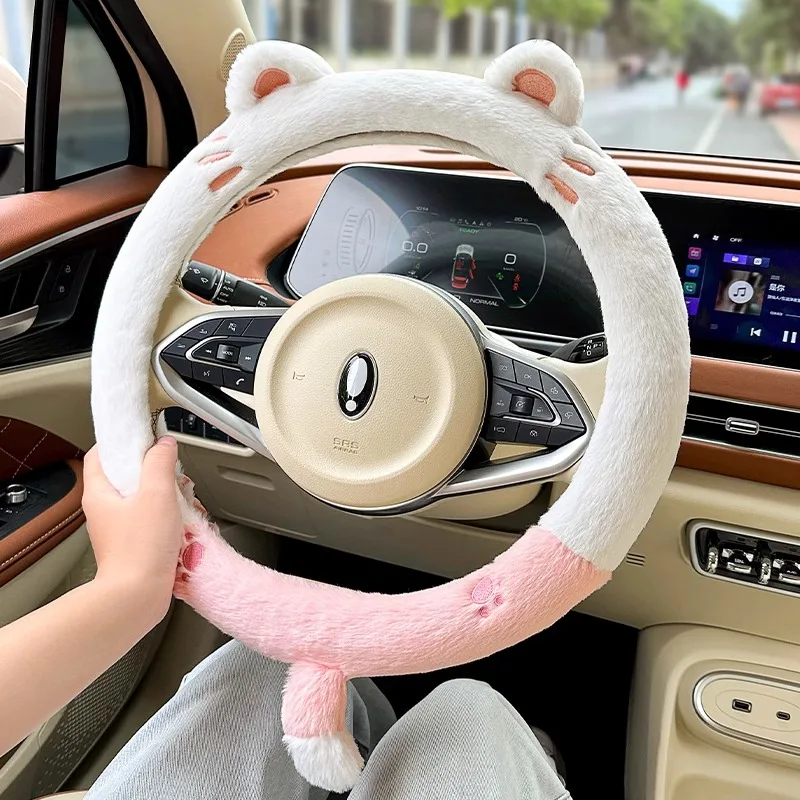 Warm Plush Car Steering Wheel Cover Protector Cute Cartoon Plush Panda Steering Wheel Cover Interior Decoration