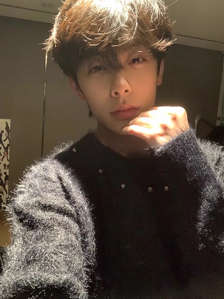 

White Mink Fur Knitted Sweater Men's Autumn Winter Soft Cozy Couple's Jaet American Design Loose Fit Comfortable Knitwear