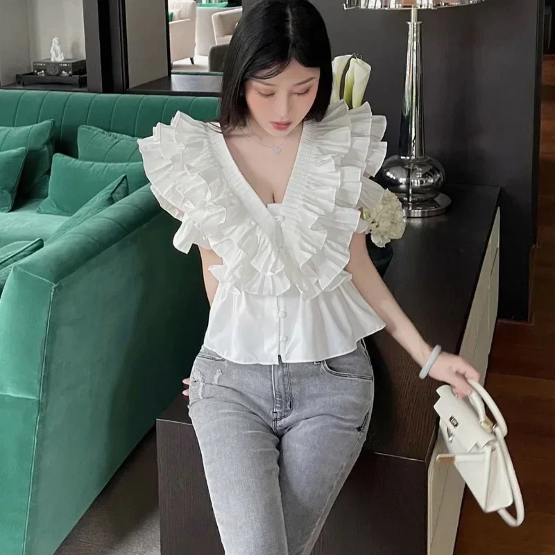 OCEANLOVE Summer Blusas Feminina Solid Ruffles Vintage V Neck Sexy Women Blouses Korean Fashion Elegant Pleated Short Shirts